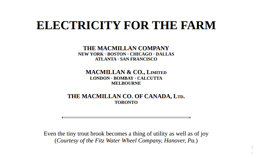 ELECTRICITY FOR THE FARM