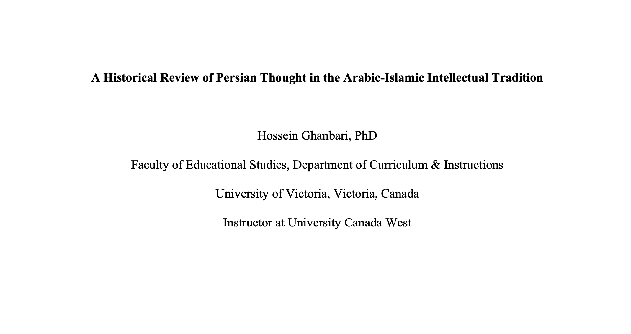 A Historical Review of Persian Thought in the Arabic-Islamic Intellectual Tradition